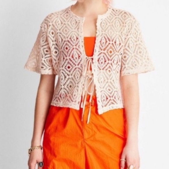 Women’s Short Sleeve Tie-Front Crochet Shirt Future Collective Tan Size XS NWT - Picture 1 of 2